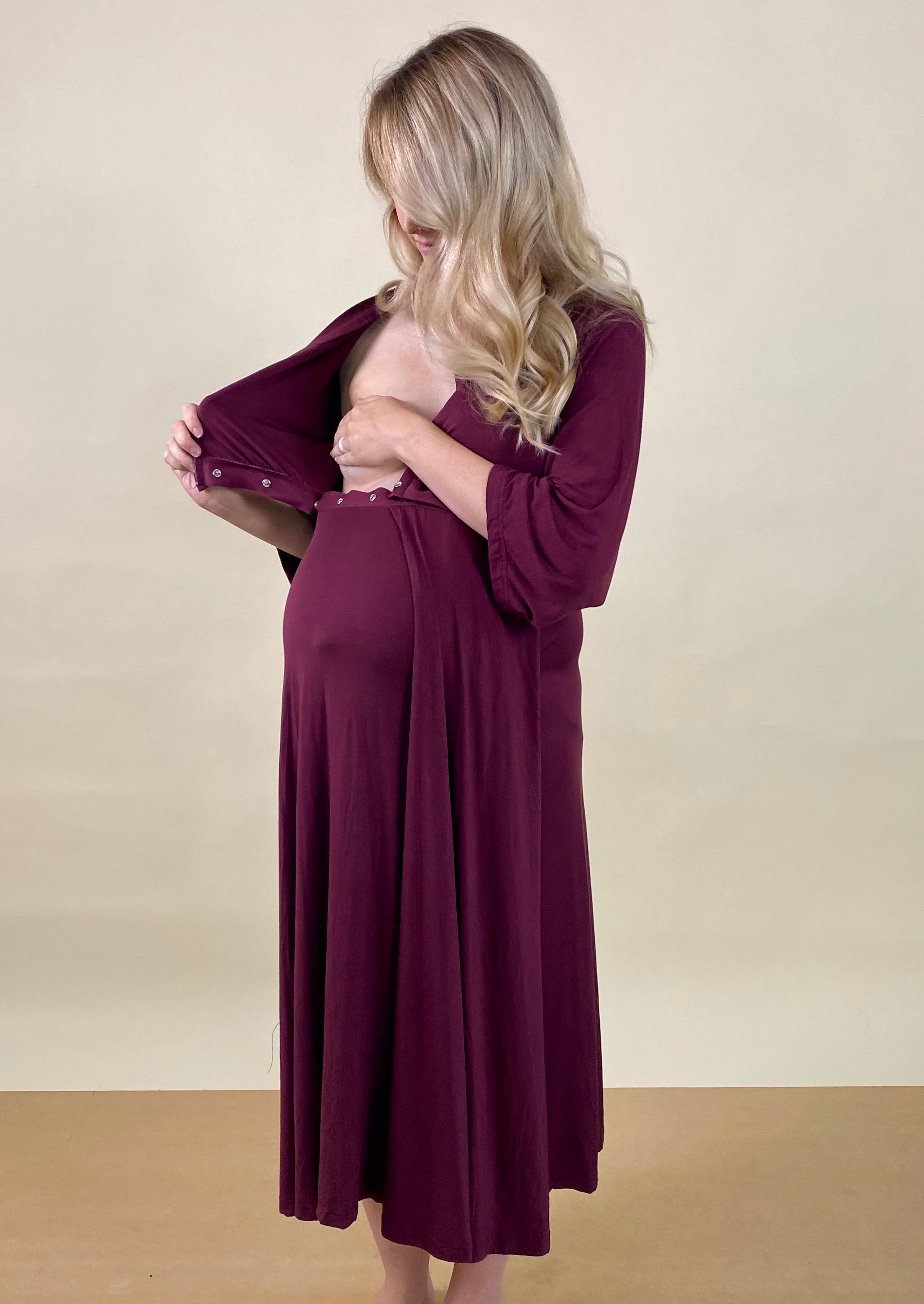 Ruffle Strap Labor & Delivery Gown | Burgundy Plum