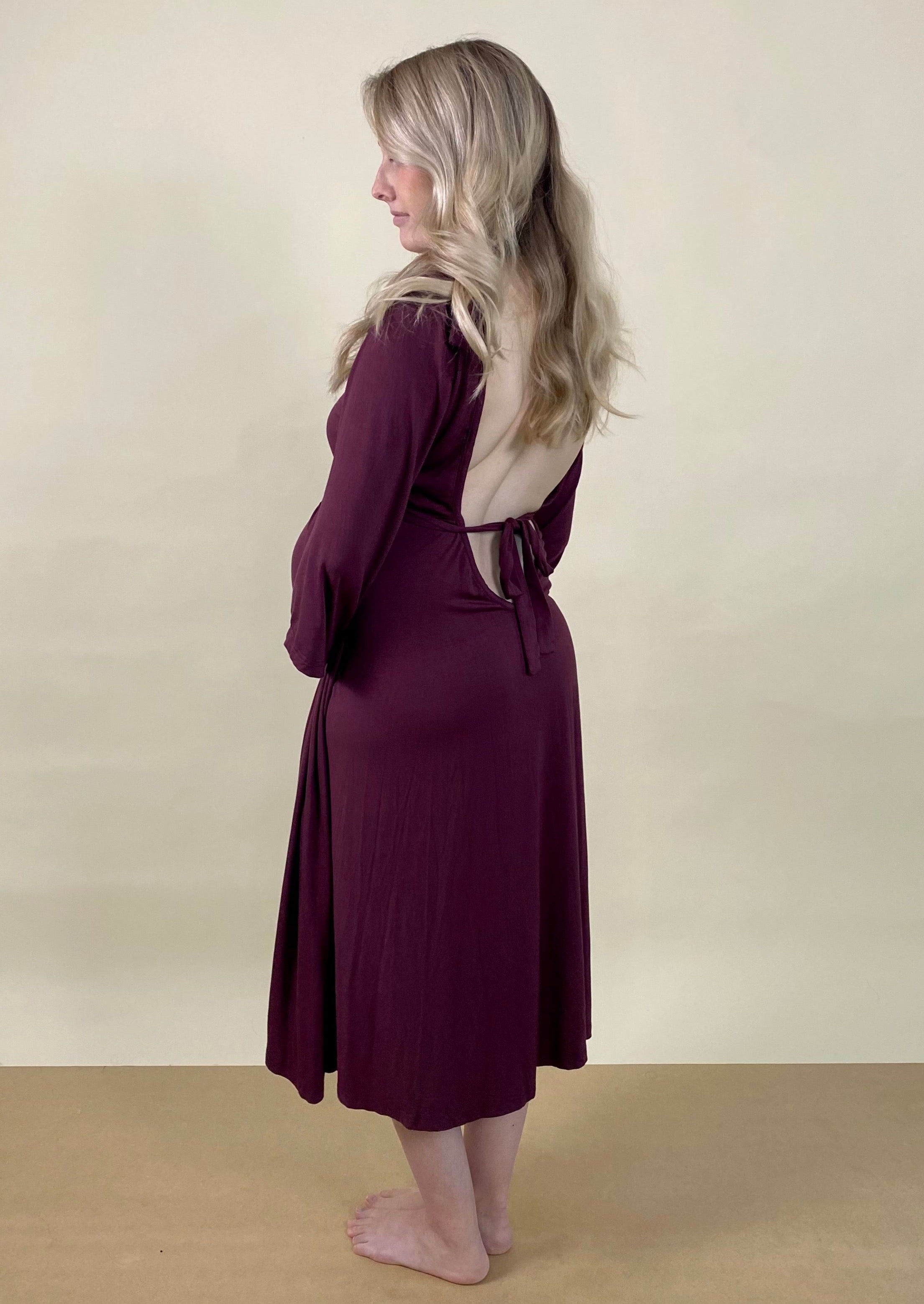 Plum Ruffle Strap Labor & Delivery Gown